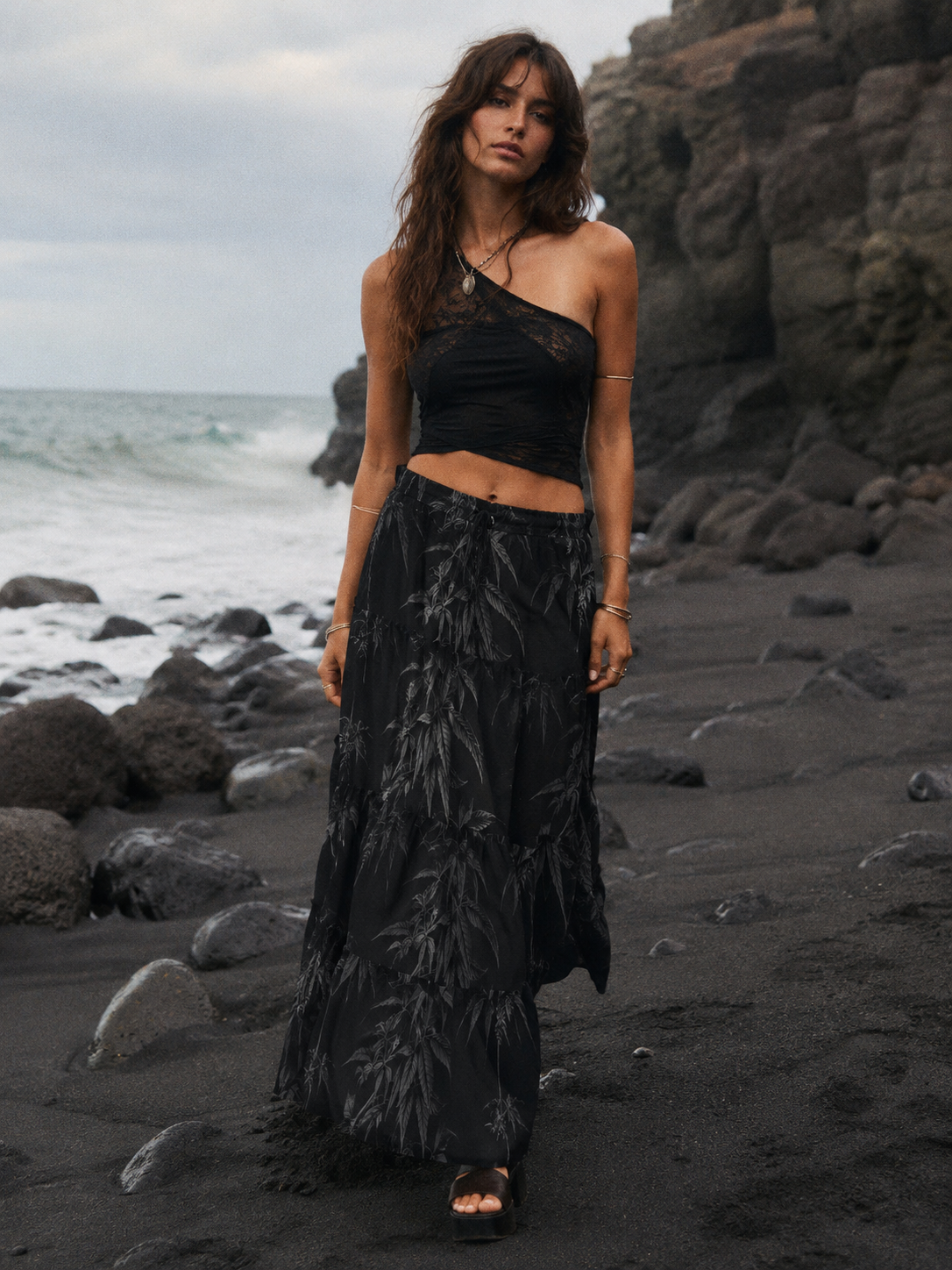 Ethereal smoke print tiered maxi skirt, side view showing tier flow