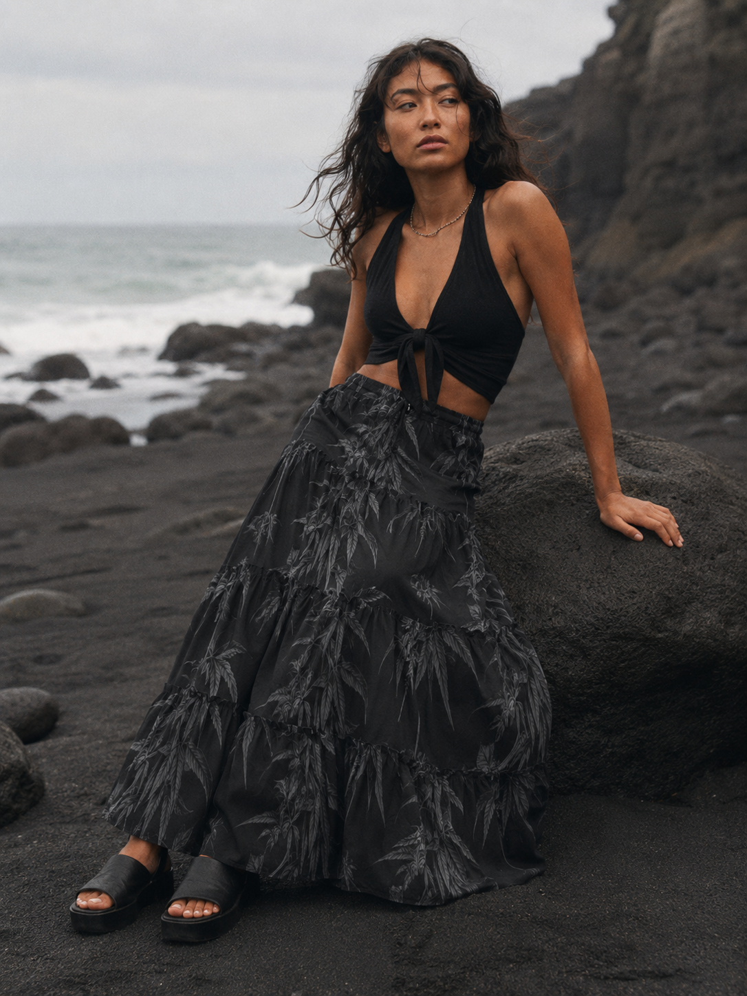 Ethereal smoke print tiered maxi skirt, three-quarter view on model