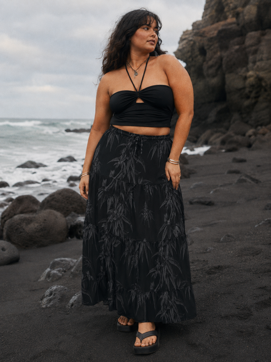 Ethereal smoke print tiered maxi skirt, close-up showing print and tier detail