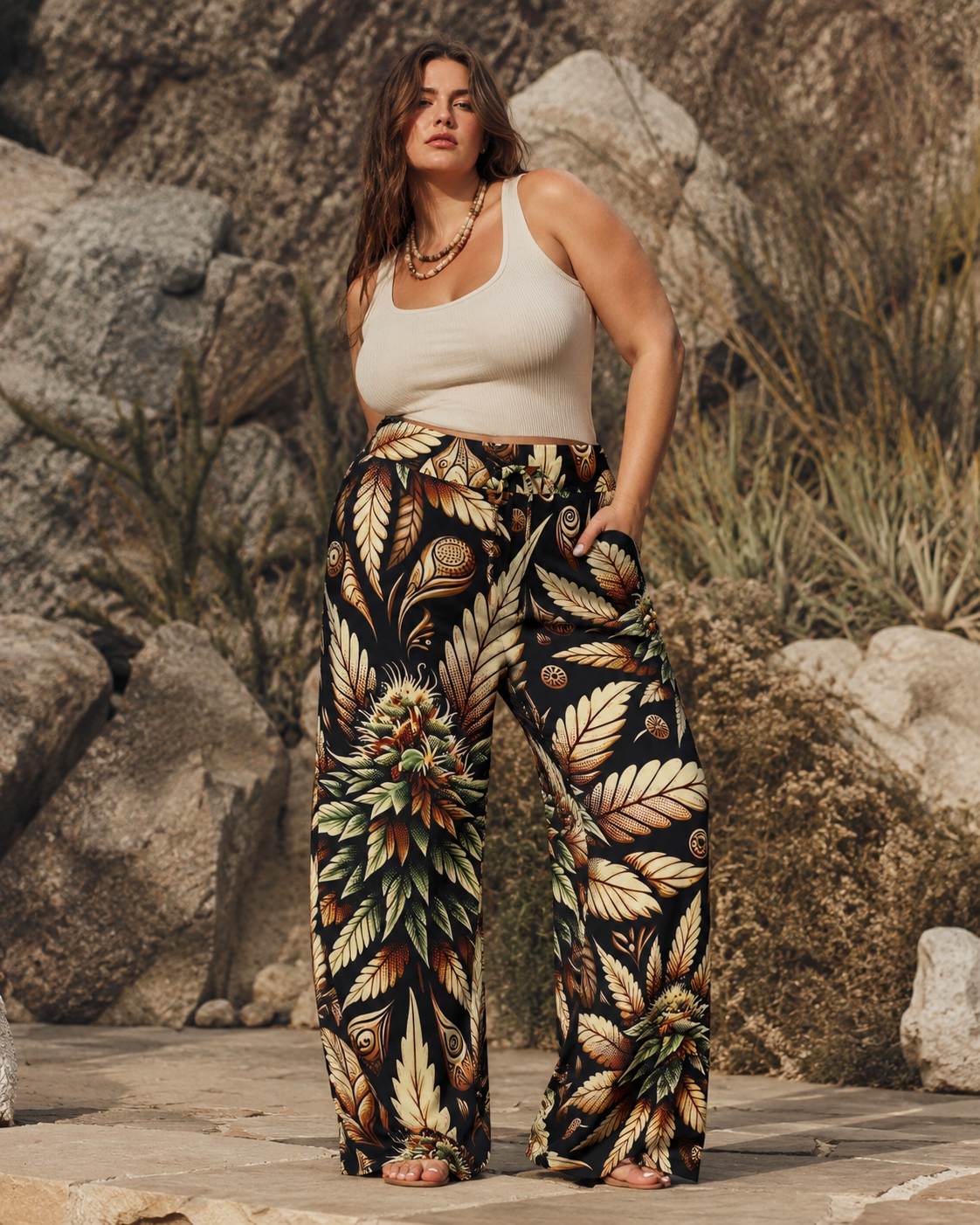 Batik print wide leg lounge pants, full length view on model outdoors