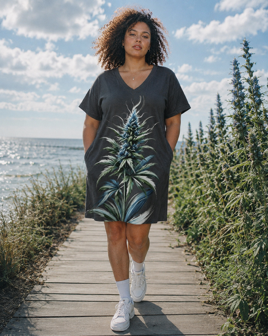 Blue floral print pocket tee dress, three-quarter view on model