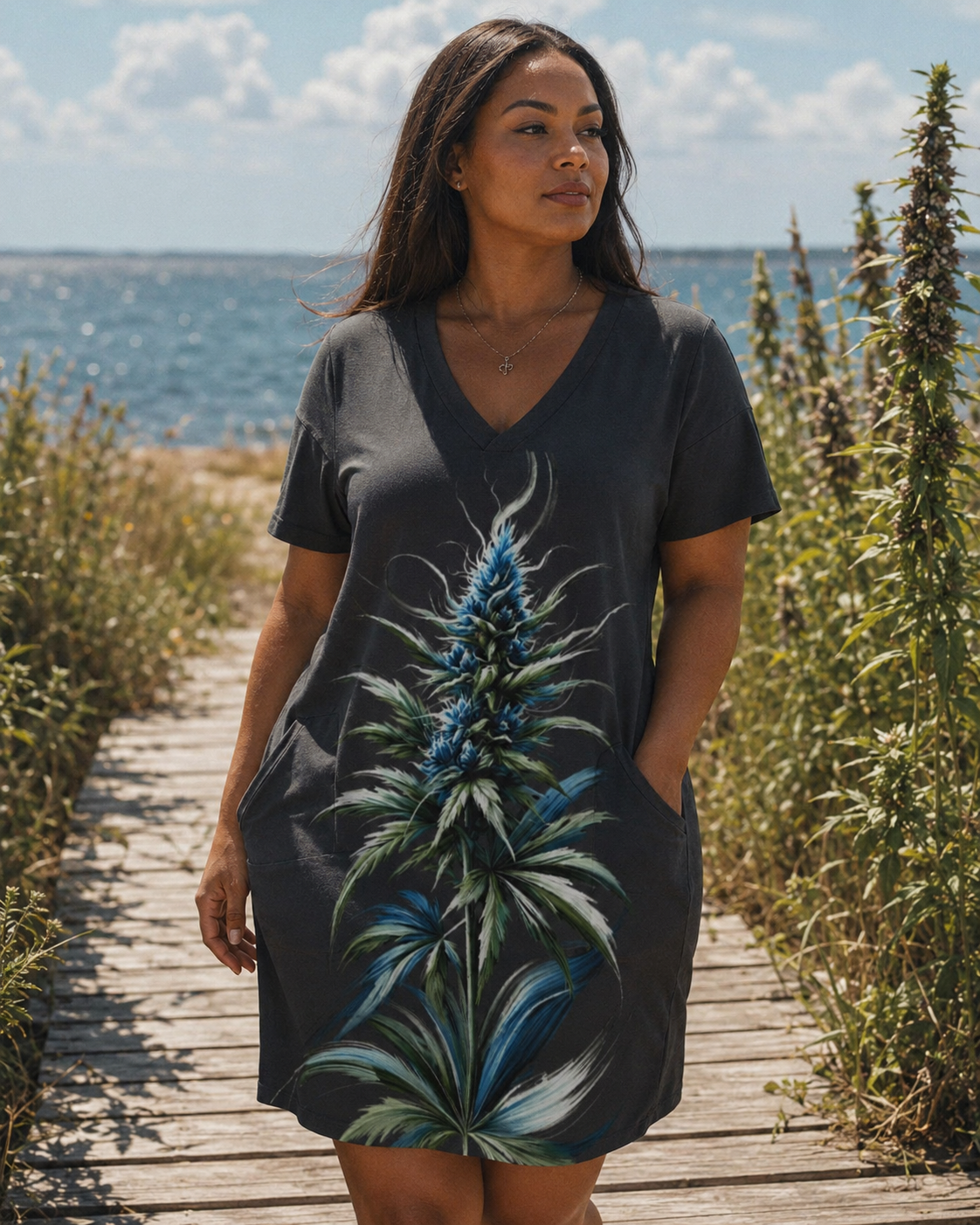 Blue floral print pocket tee dress, print detail close-up