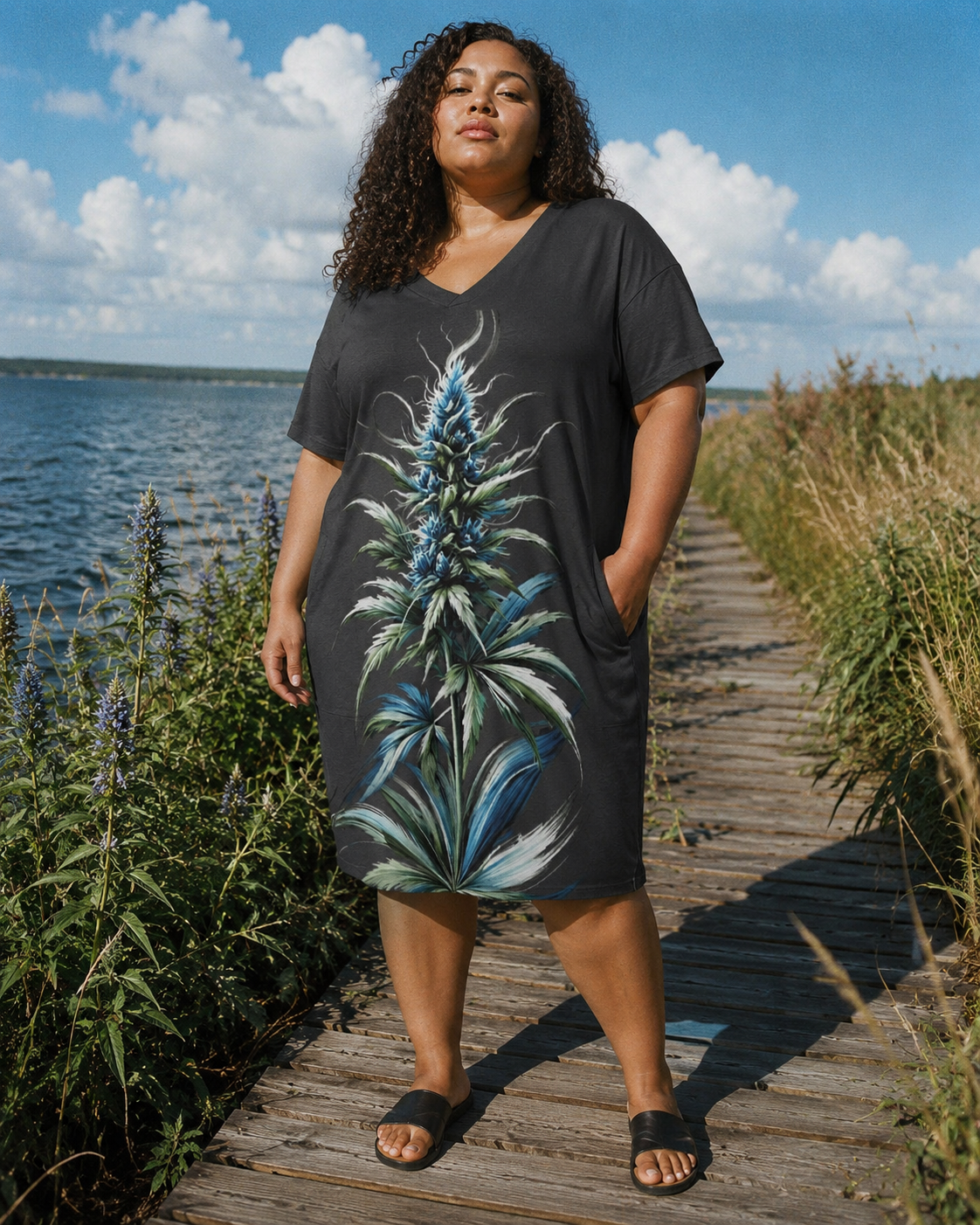 Blue floral print pocket tee dress, seated lifestyle shot on model