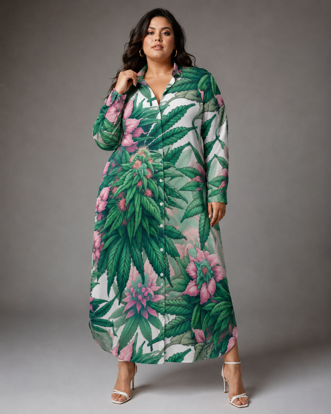 Pink floral print shirt dress, close-up showing button and collar detail