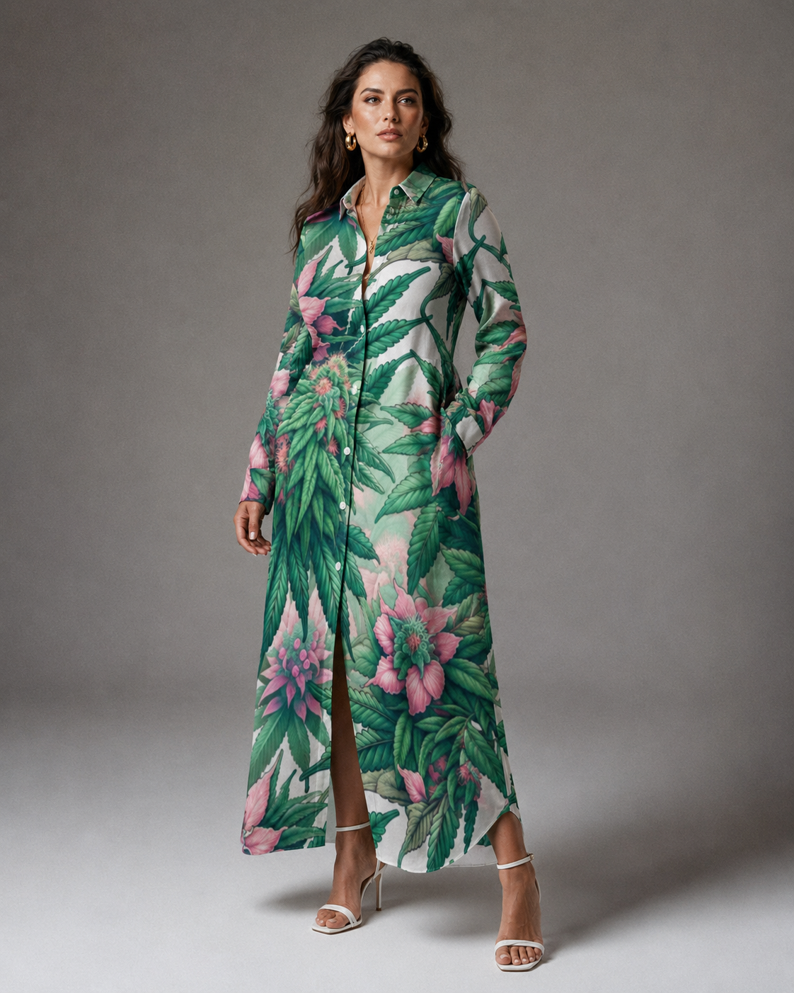 Pink floral print shirt dress, side view on model showing silhouette