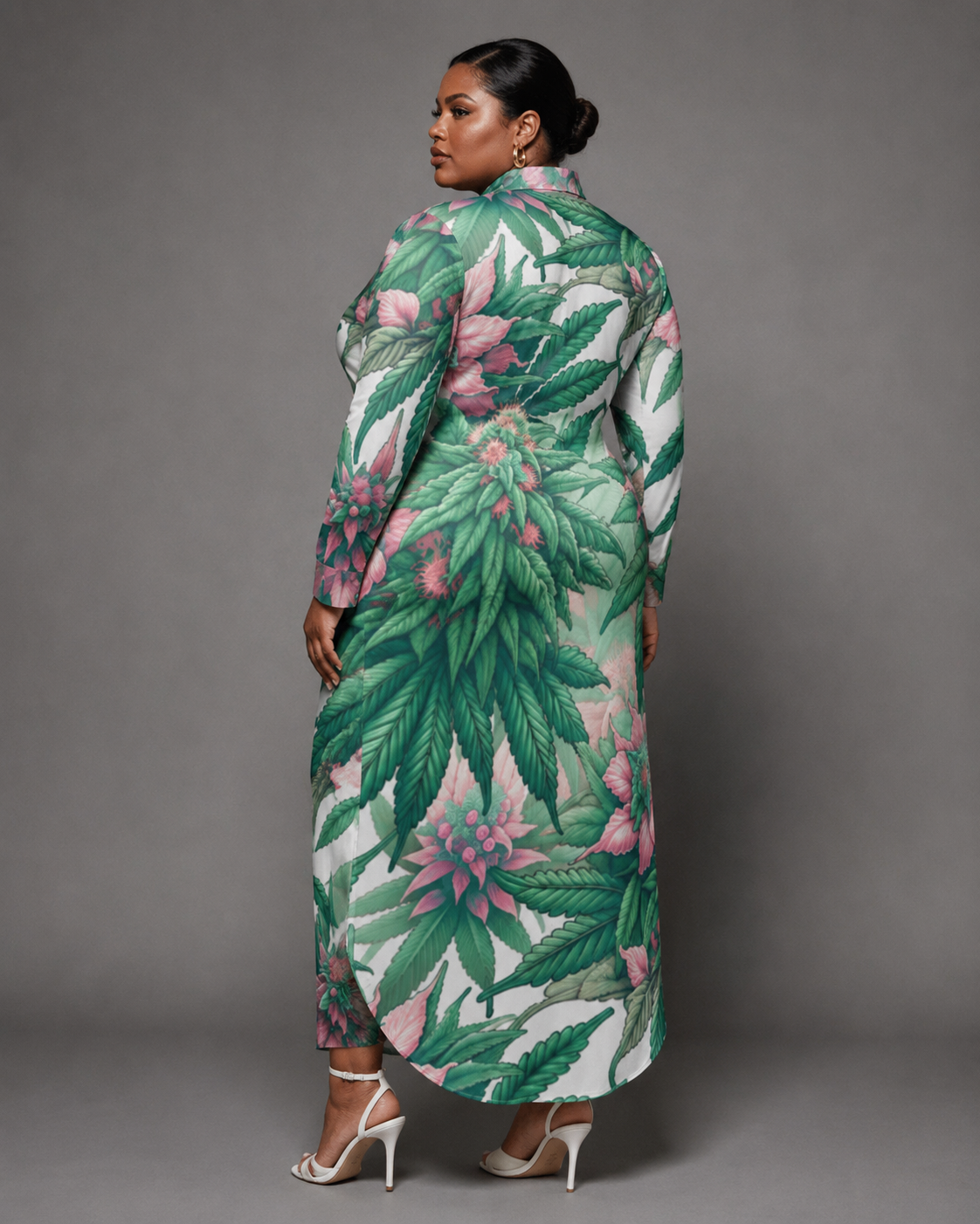 Pink floral print shirt dress, walking shot showing hem movement