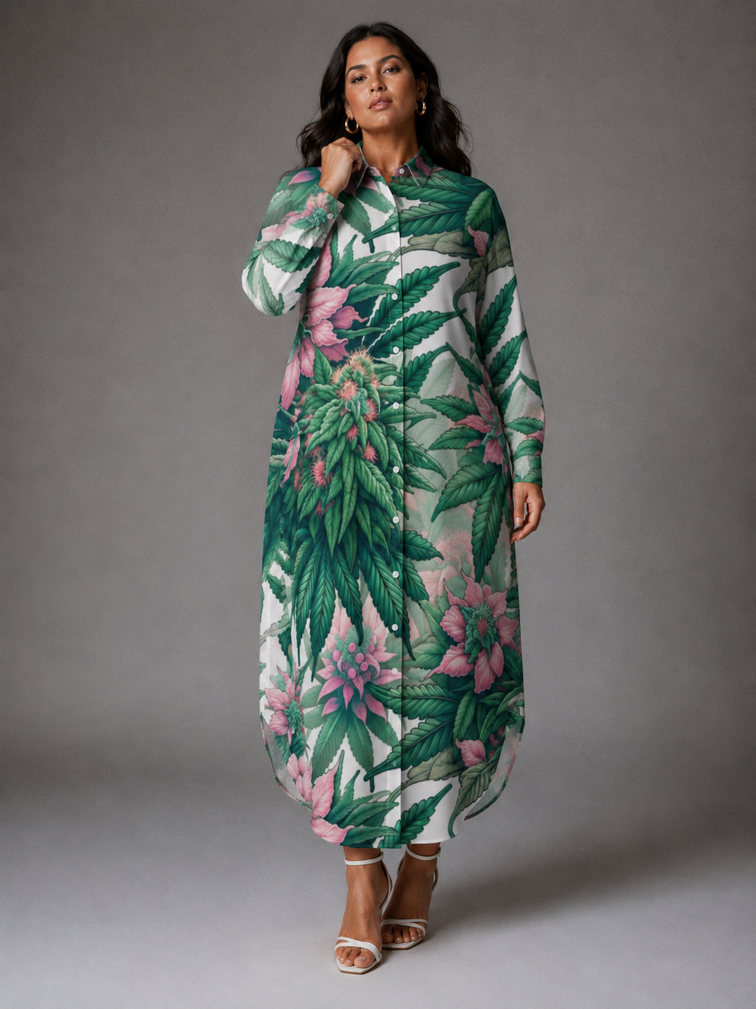 Pink floral print shirt dress, full length view on model outdoors