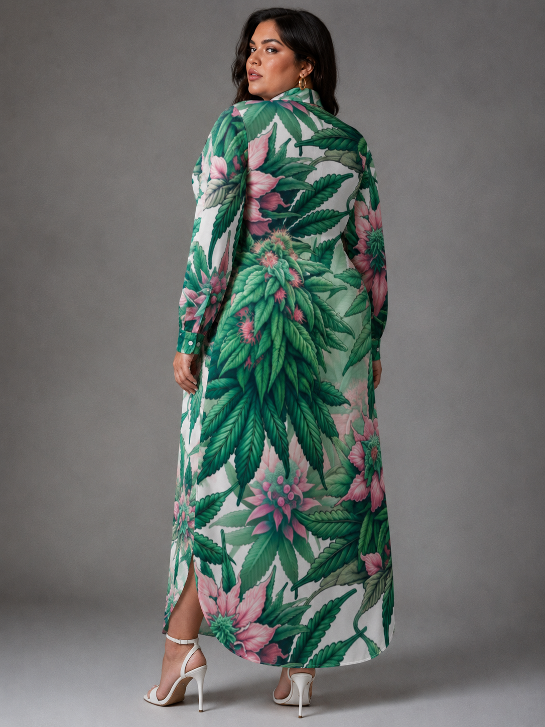 Pink floral print shirt dress, lifestyle editorial shot on model