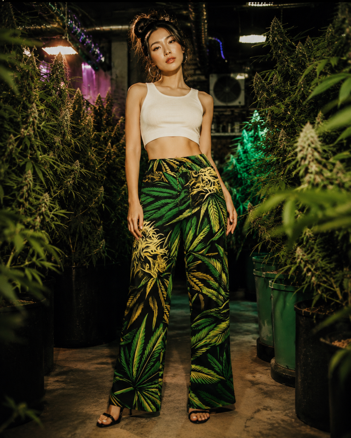Bud print lounge pants, side view on model showing silhouette