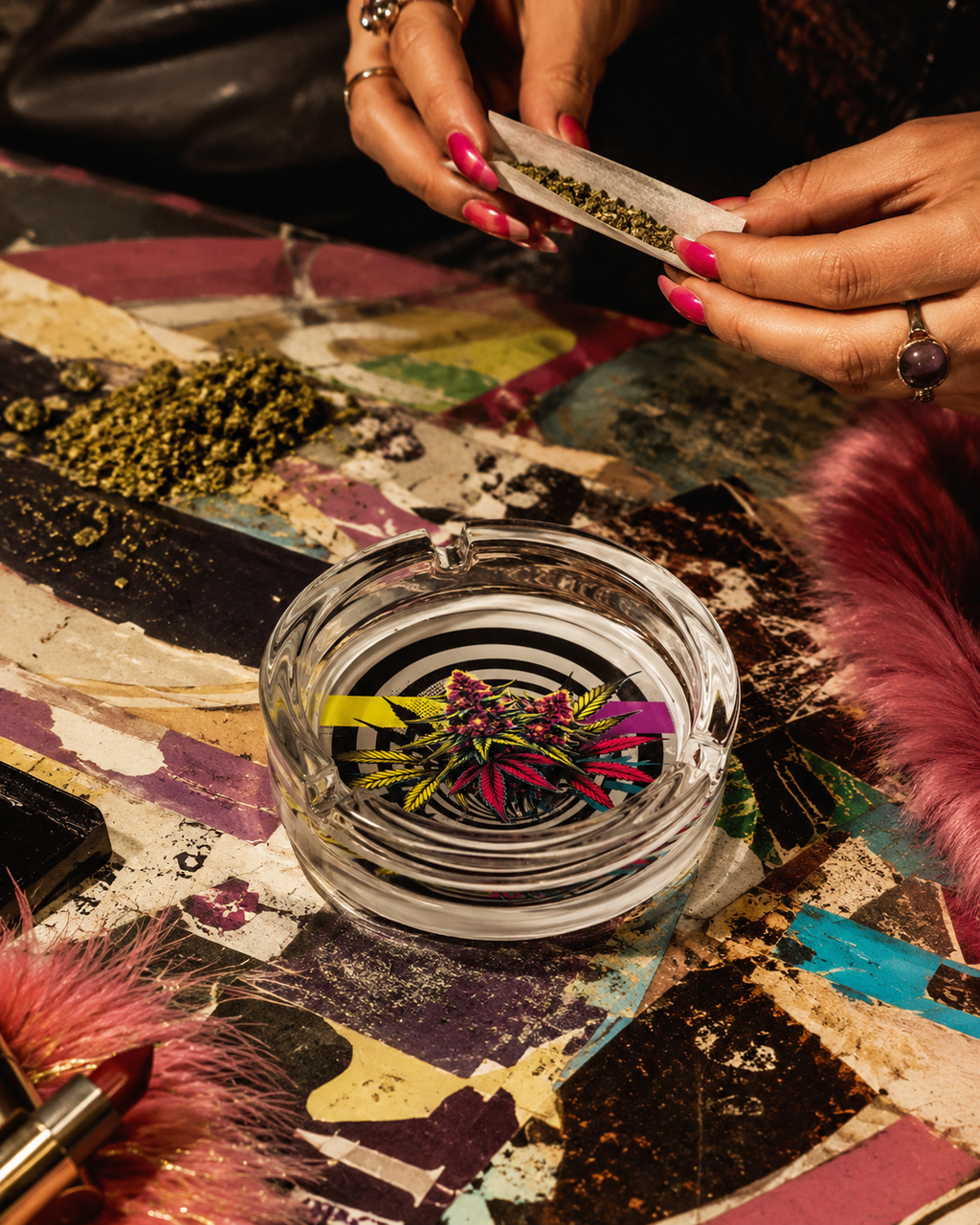 LIT graphic print glass ashtray, lifestyle shot on side table