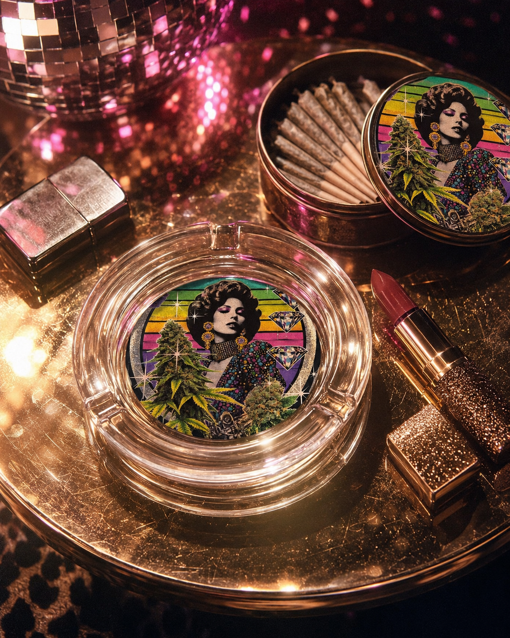 Jane Dope glitter bud-shaped glass ashtray, front view
