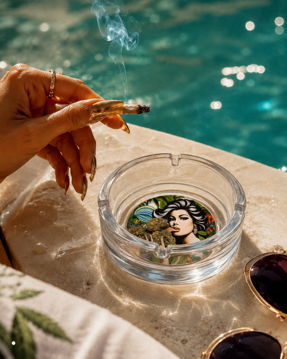 Jane Dope flower-shaped clear glass ashtray, front view