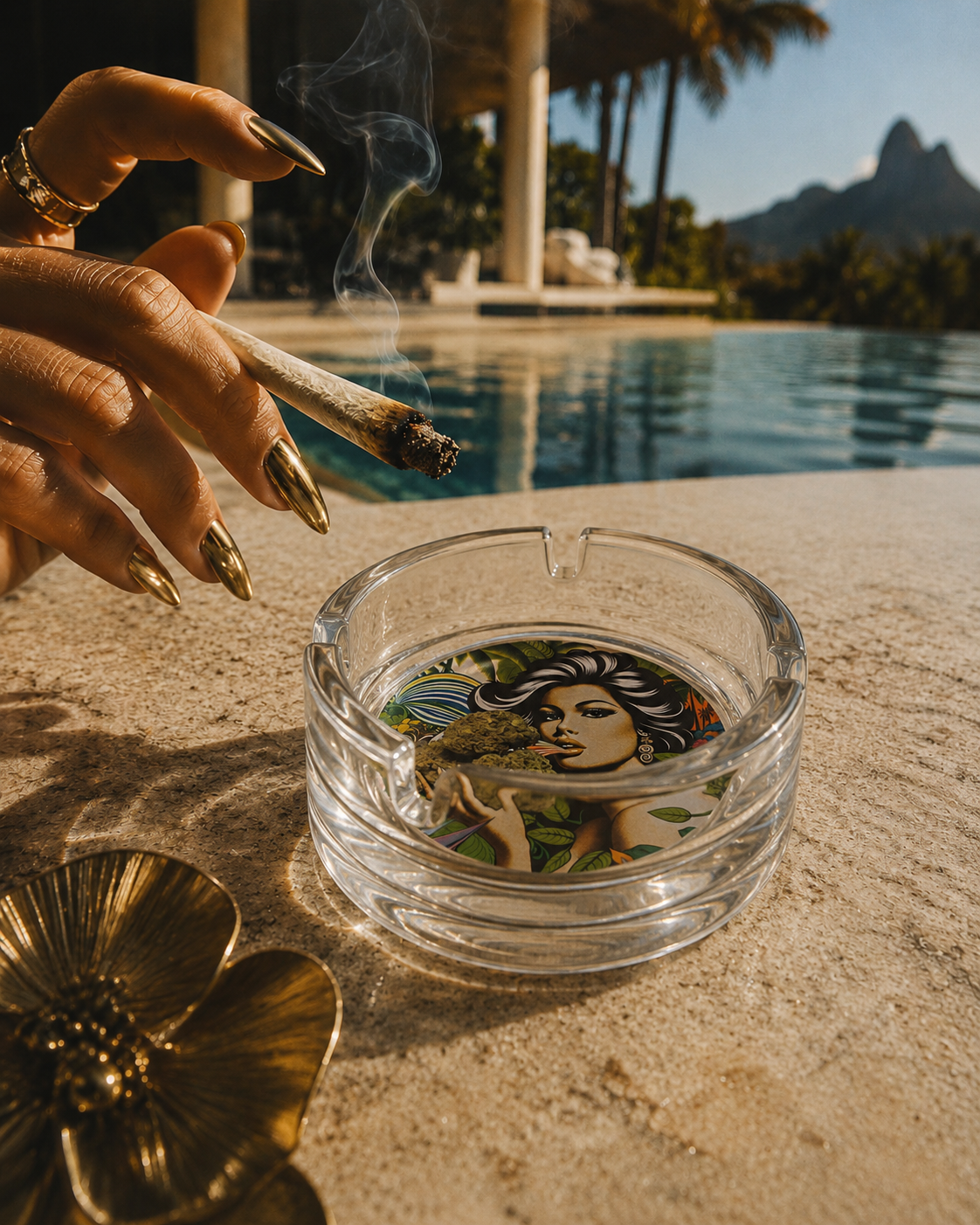 Flower-shaped glass ashtray, lifestyle shot on side table