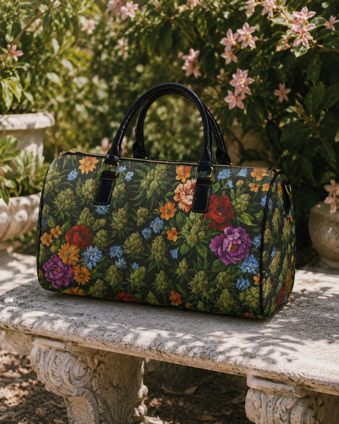 Floral bloom print leather travel bag, three-quarter view showing strap