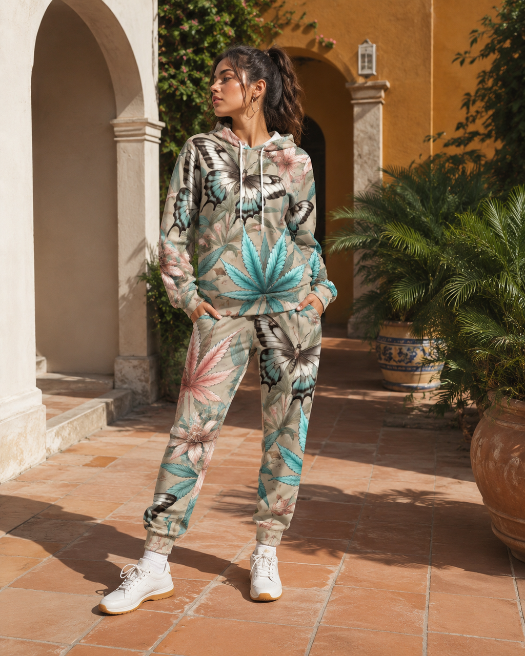 All-over print hoodie and sweatpants set, three-quarter view on model
