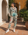 All-over print hoodie and sweatpants set, three-quarter view on model