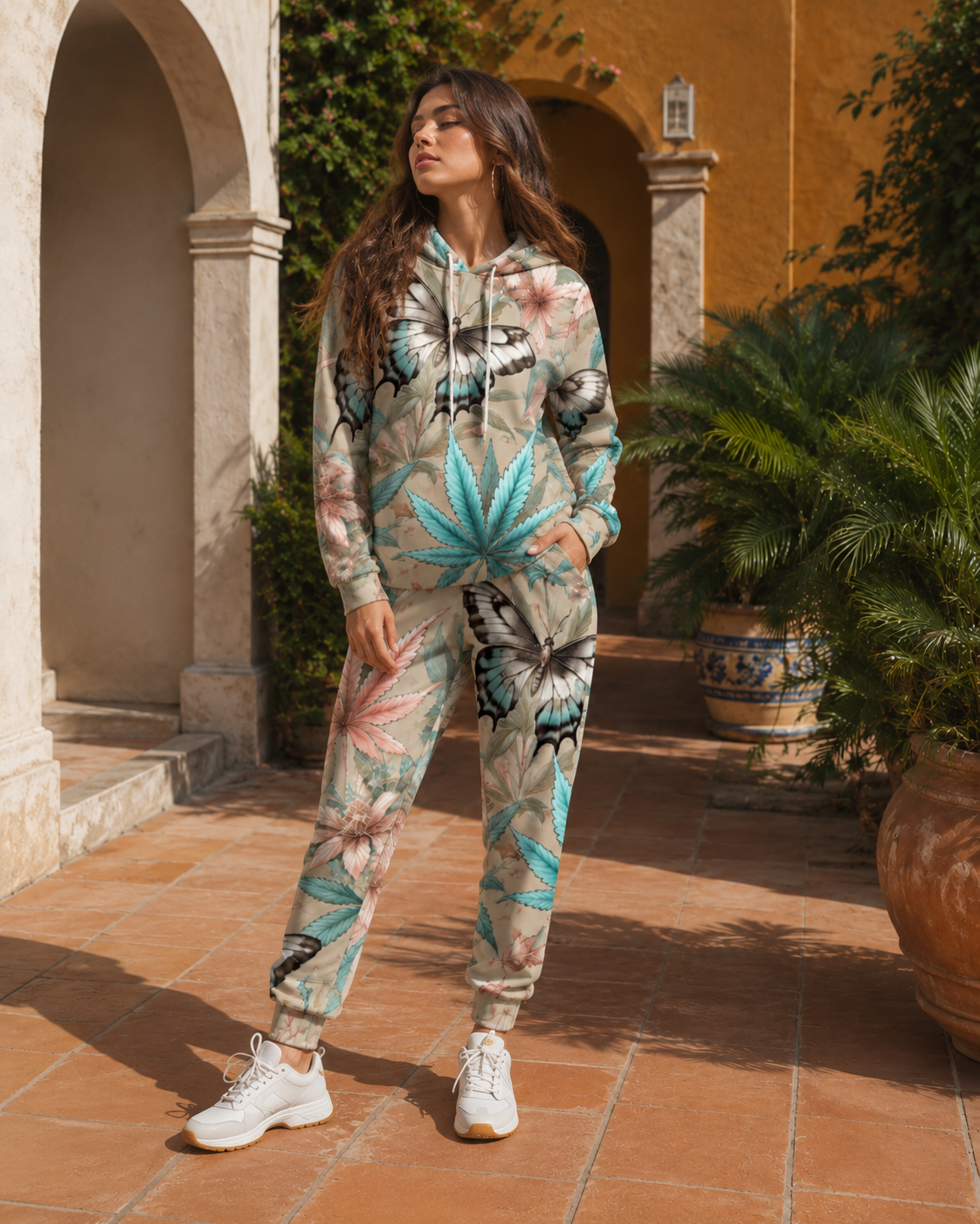 All-over print hoodie and sweatpants set, side view on model
