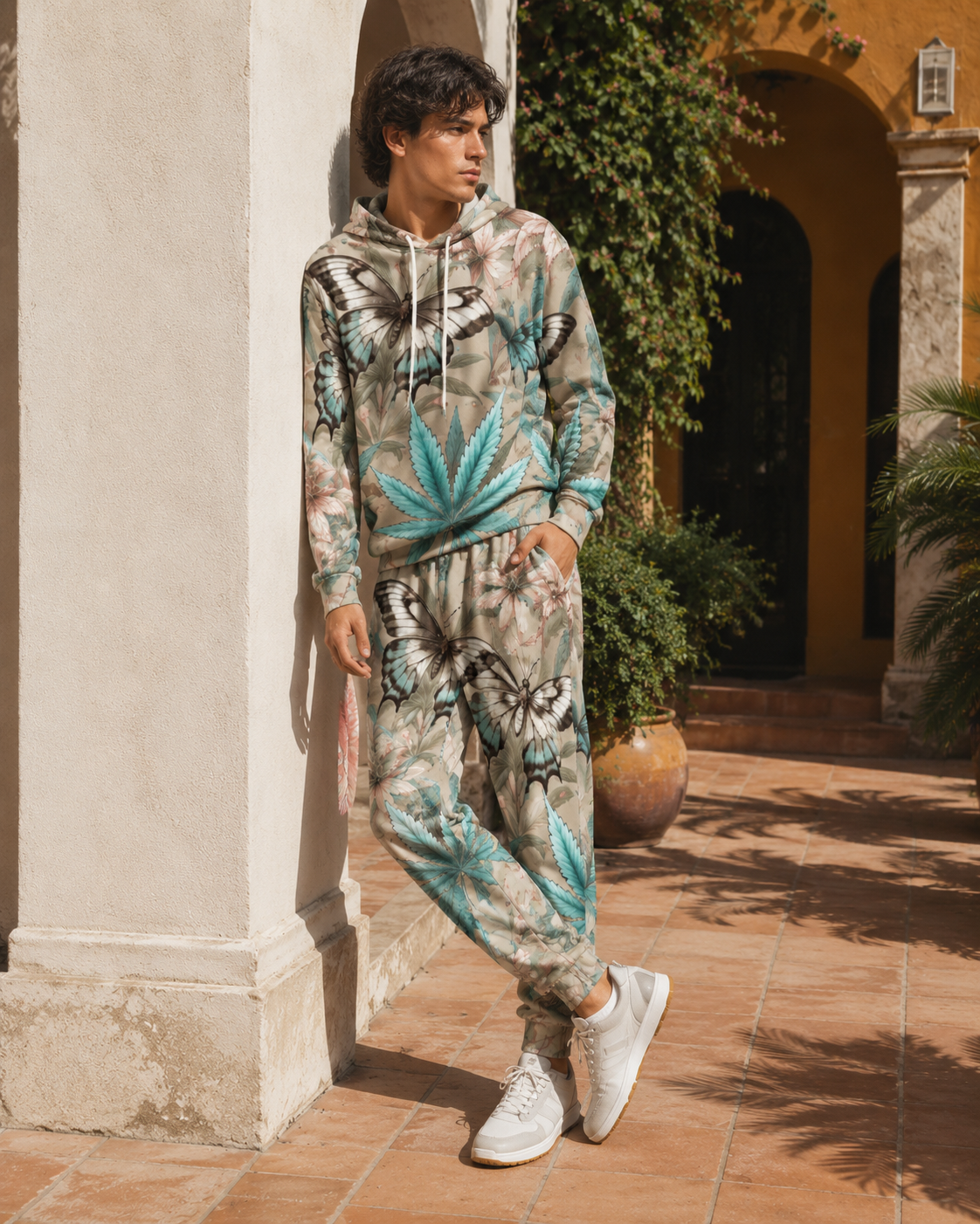 All-over print hoodie and sweatpants set, full length view on model outdoors