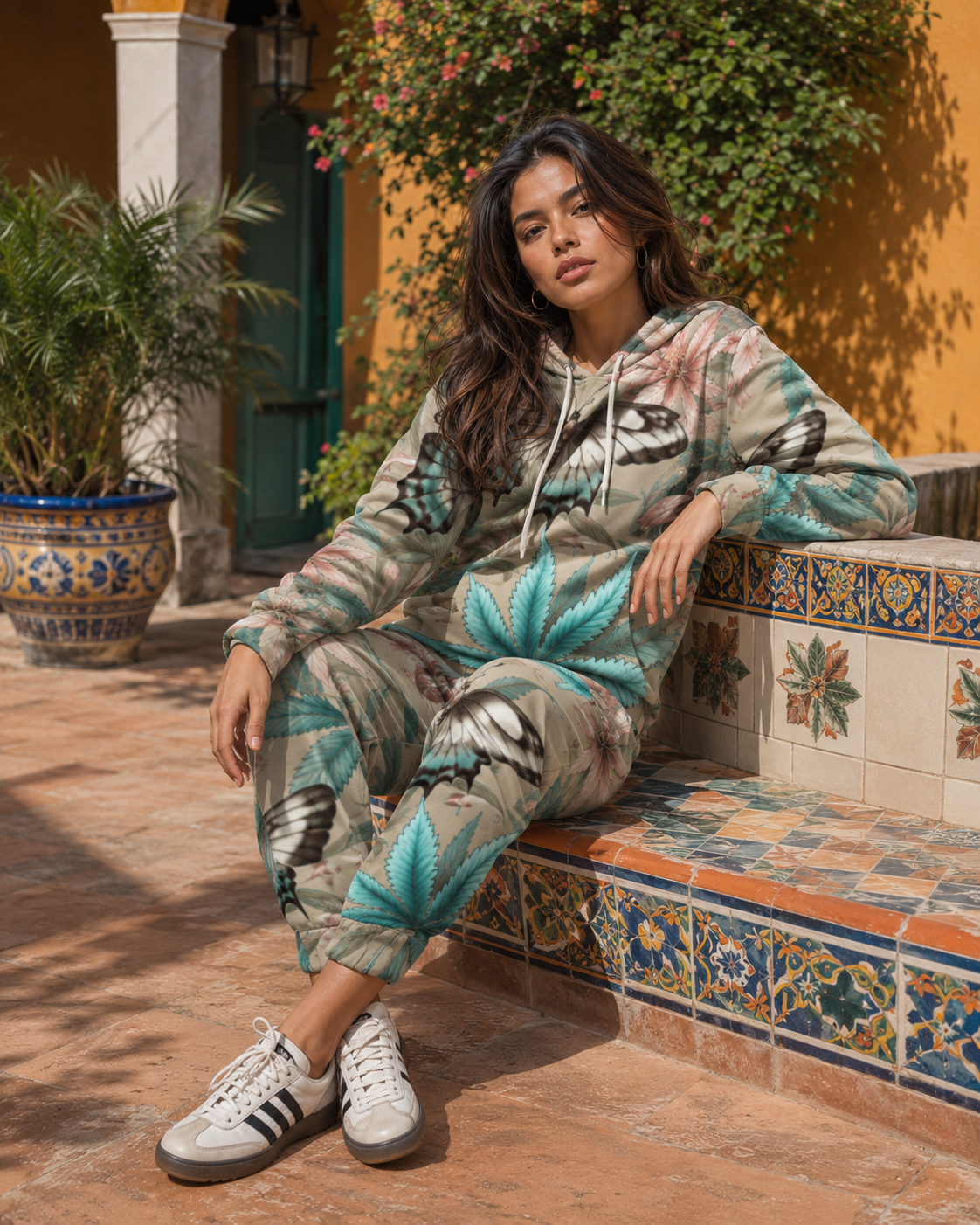 All-over print hoodie and sweatpants set, close-up showing fabric and print detail