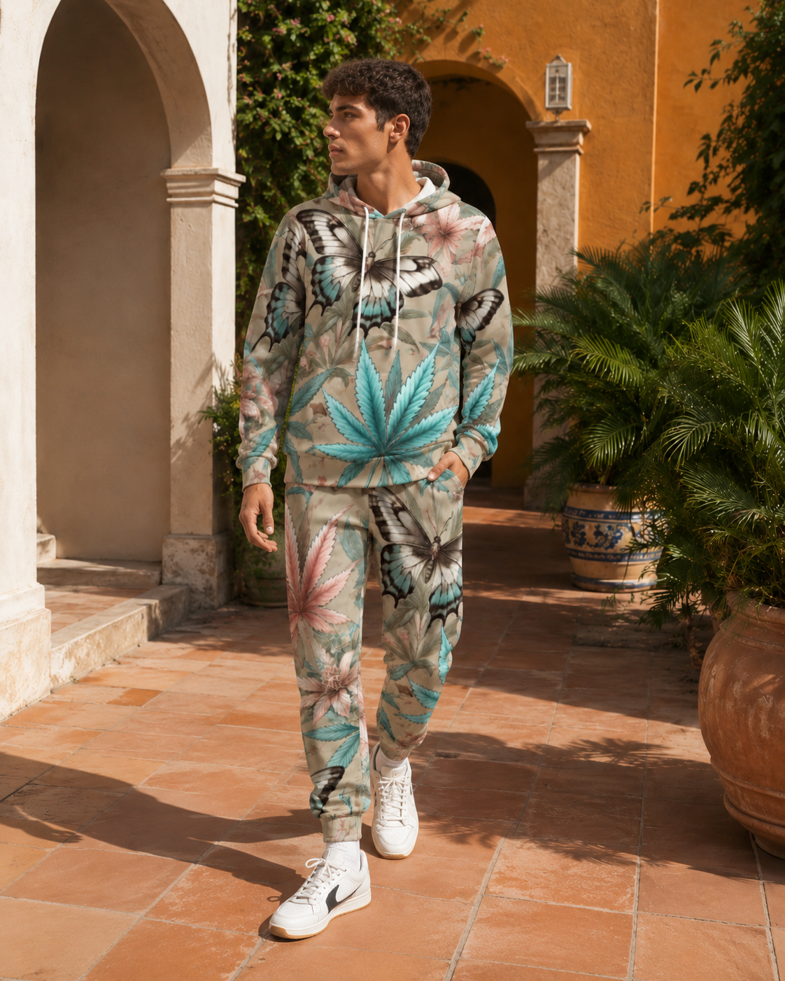 All-over print hoodie and sweatpants set, hood and pocket detail close-up