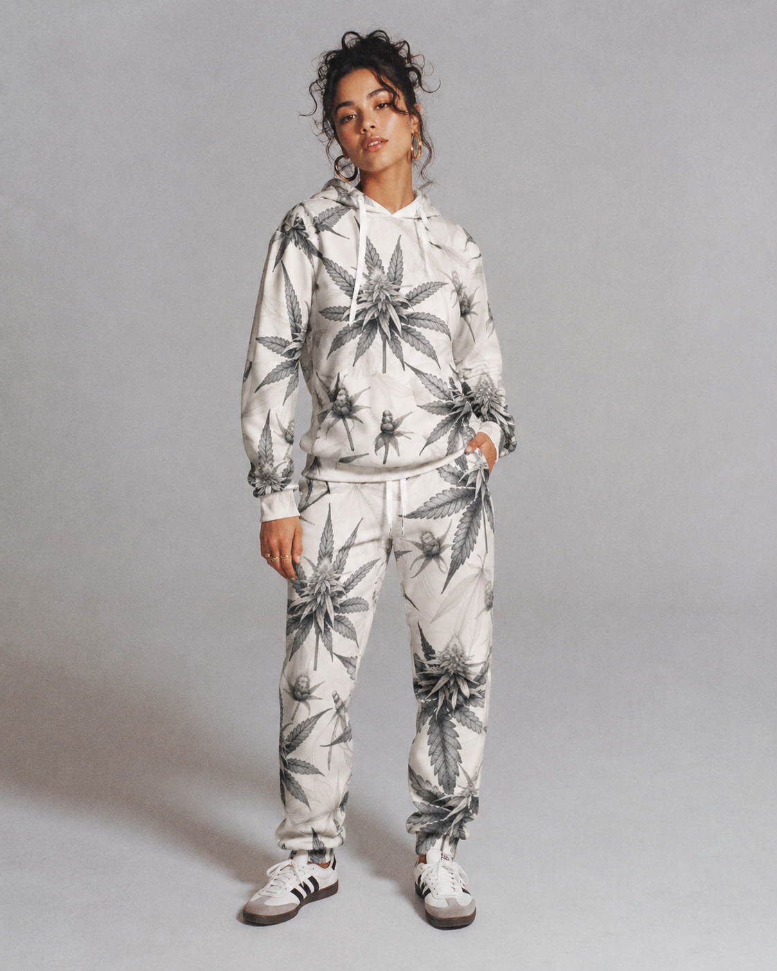 Green leaf print hoodie and sweatpants set, back view on model