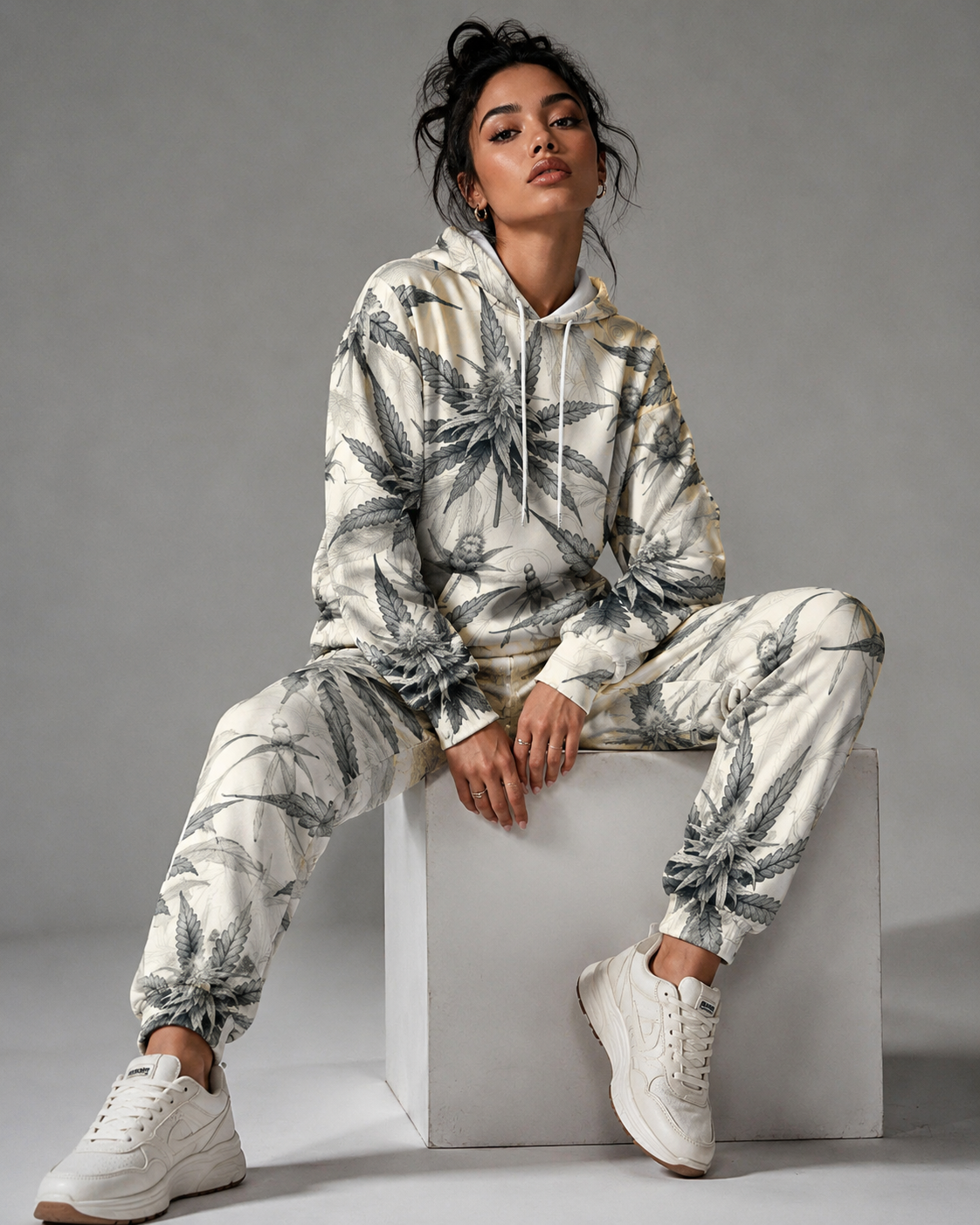 Green leaf print hoodie and sweatpants set, side view on model
