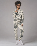 Green leaf print hoodie and sweatpants set, front view on model