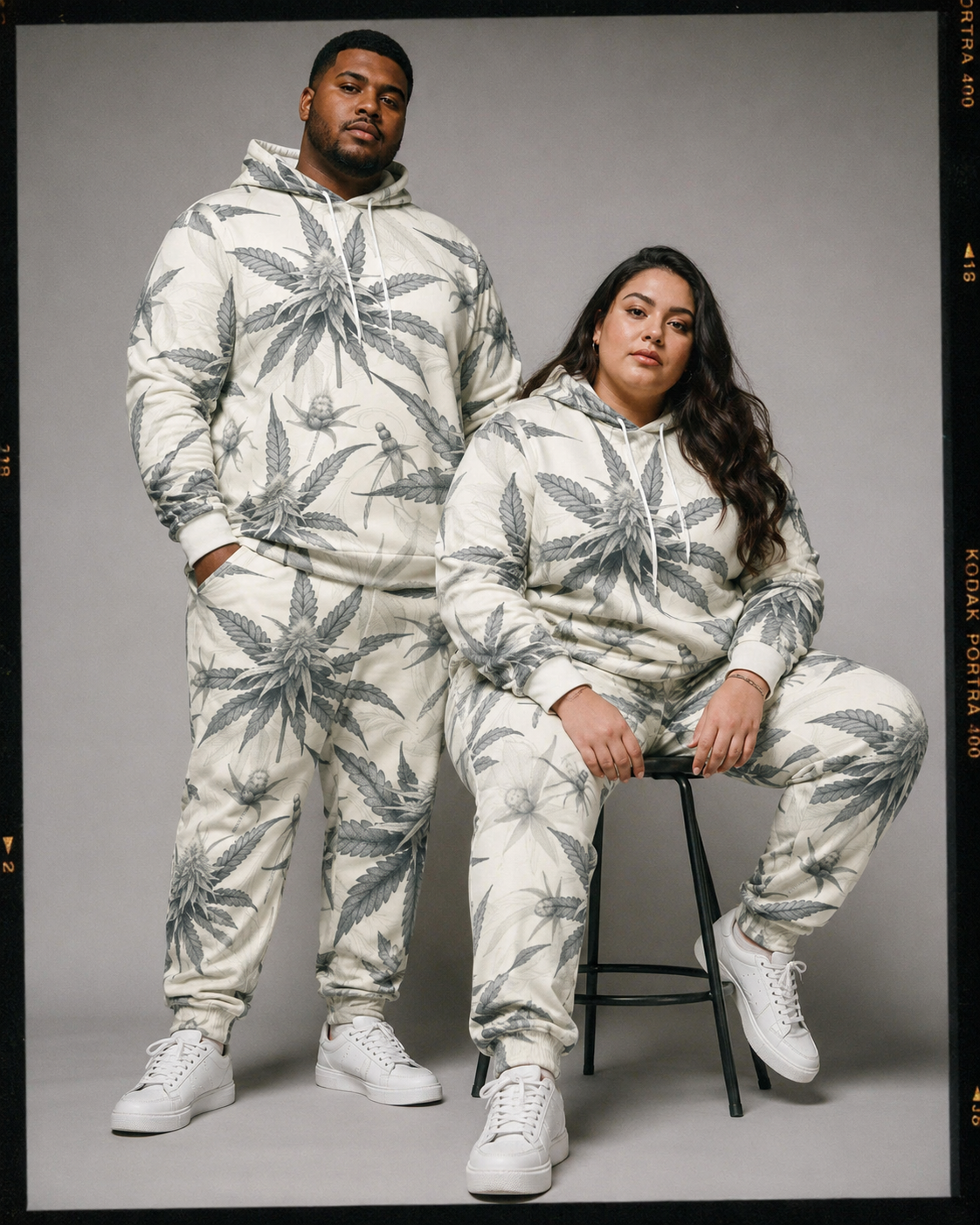 Jane Dope green leaf print hoodie and sweatpants set, lifestyle shot on model