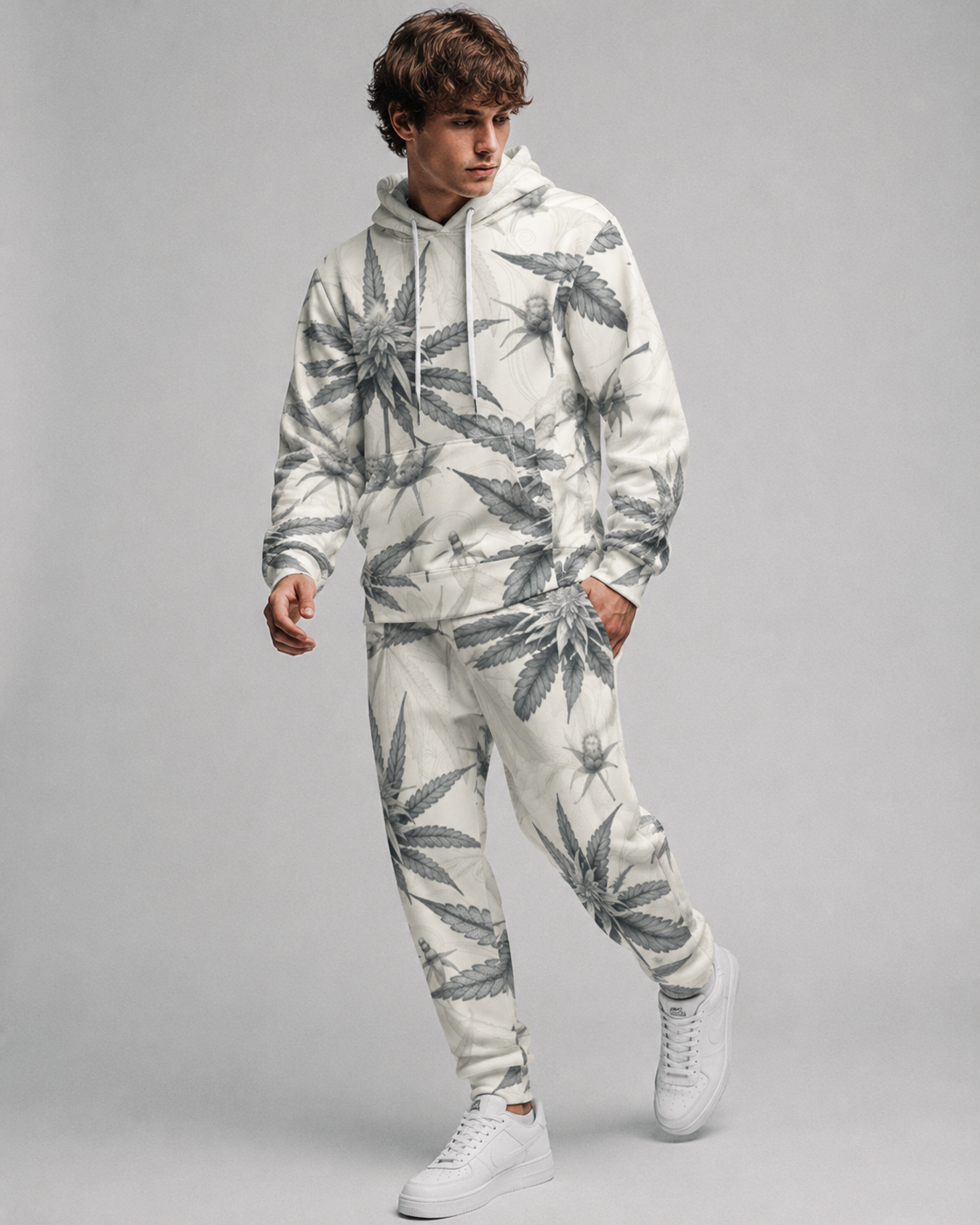 Green leaf print hoodie and sweatpants set, full length view on model outdoors