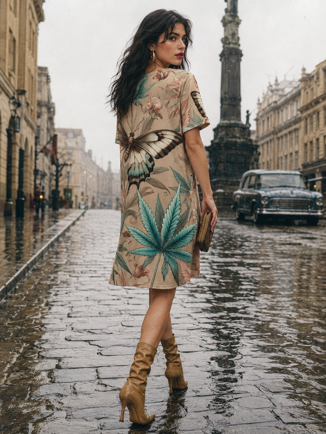 All-over print t-shirt dress, back view on model