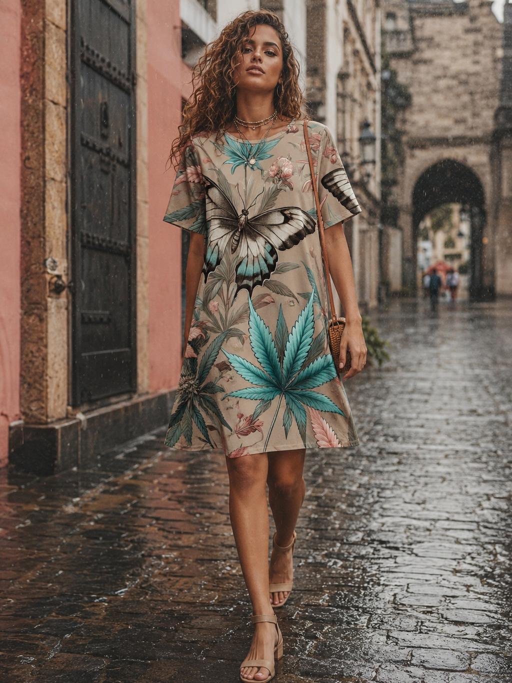 All-over print t-shirt dress, lifestyle shot on model