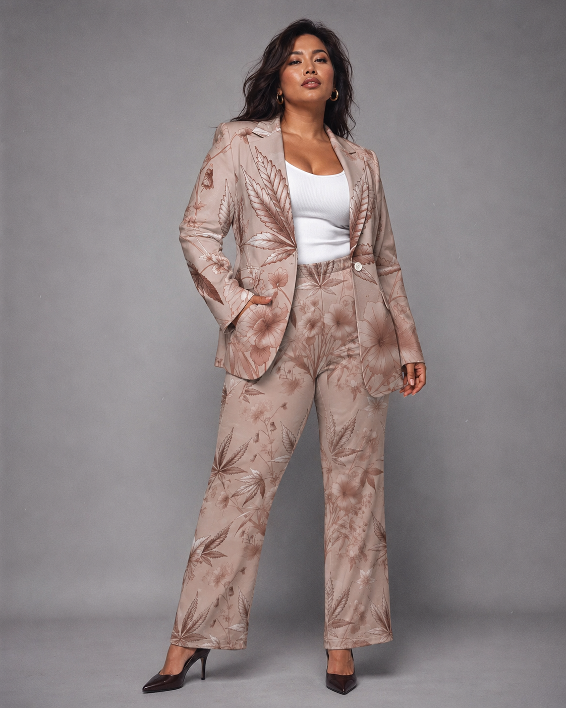 Rose graphic print flare pants, full length view on model outdoors