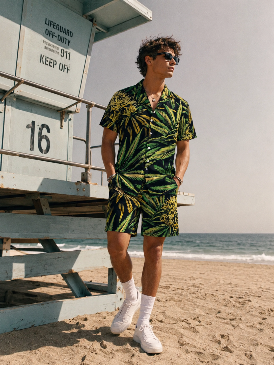 Bud print beach shirt and shorts set, front view on model