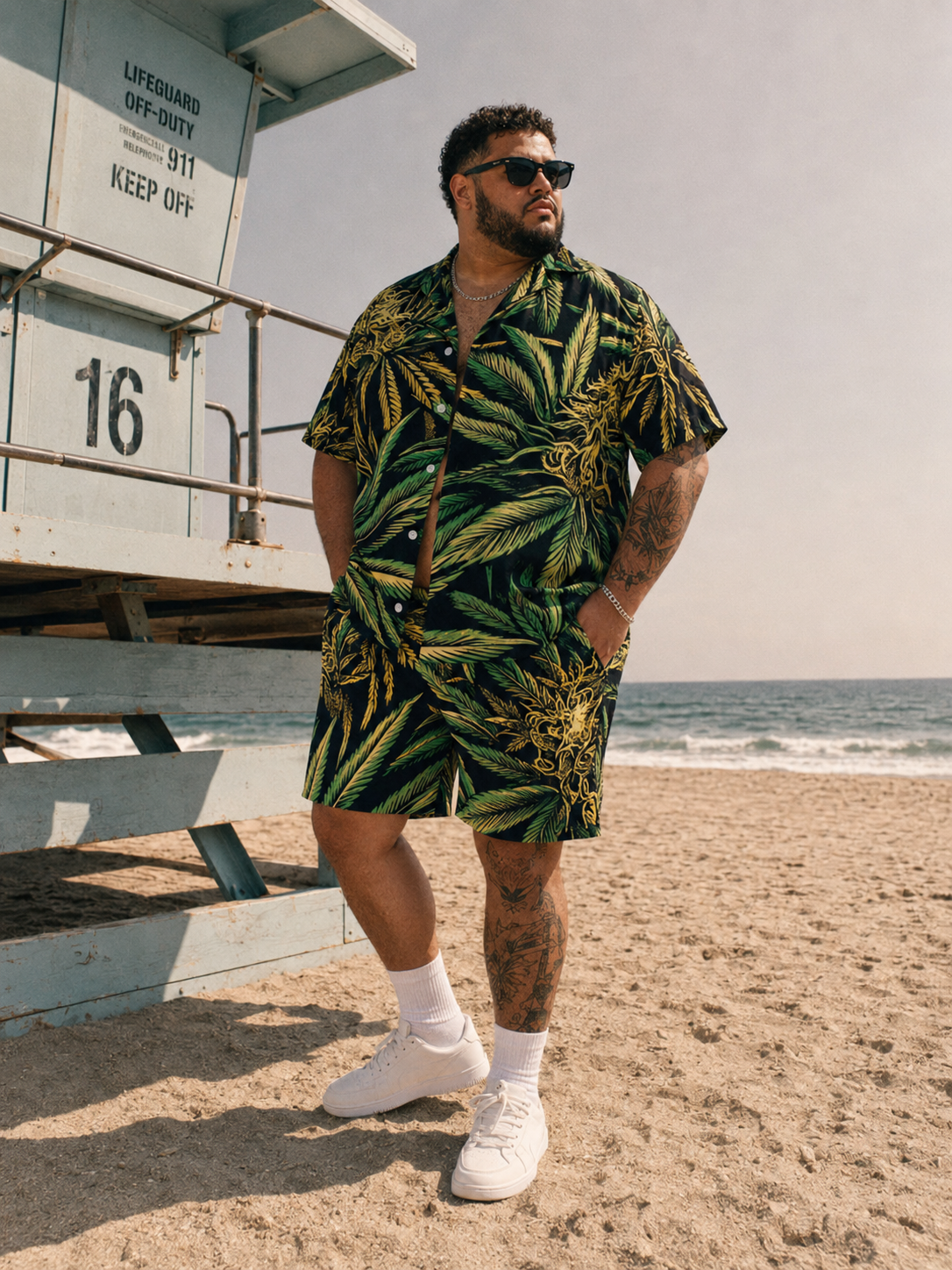 Bud print beach shirt and shorts set, close-up showing fabric and print detail