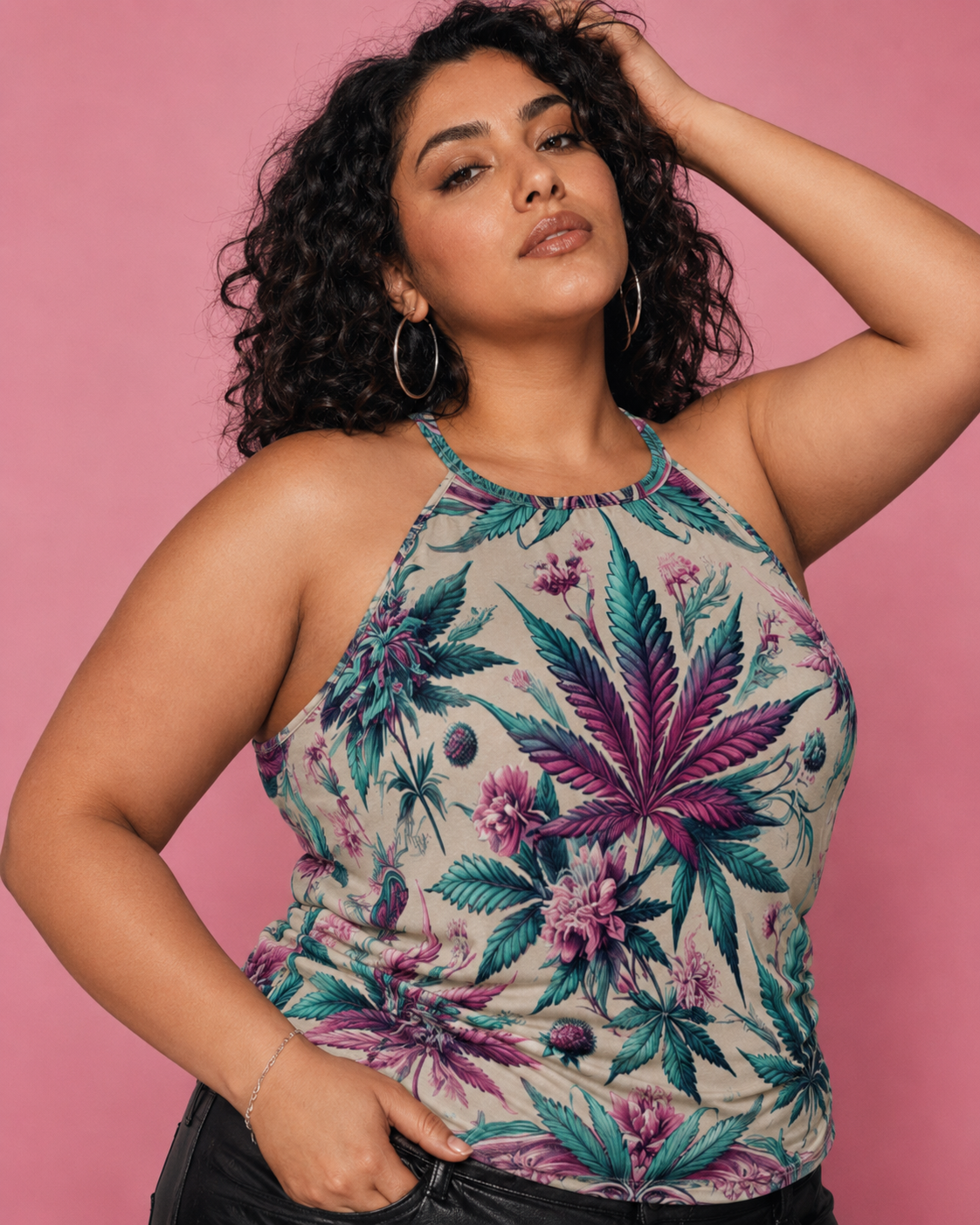 Graphic print racerback tank top, lifestyle editorial shot on model