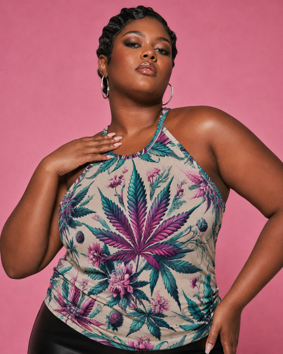 Graphic print racerback tank top, full length lifestyle shot on model