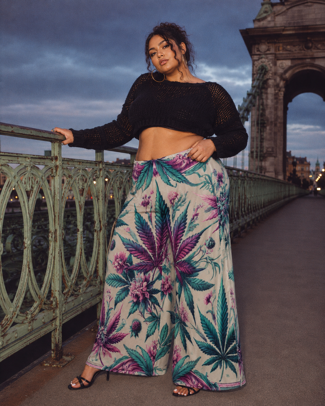 Graphic print wide leg flow pants, seated lifestyle shot on model