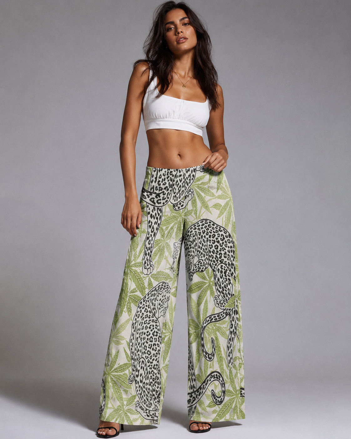 Leopard print wide leg pants, front view on model
