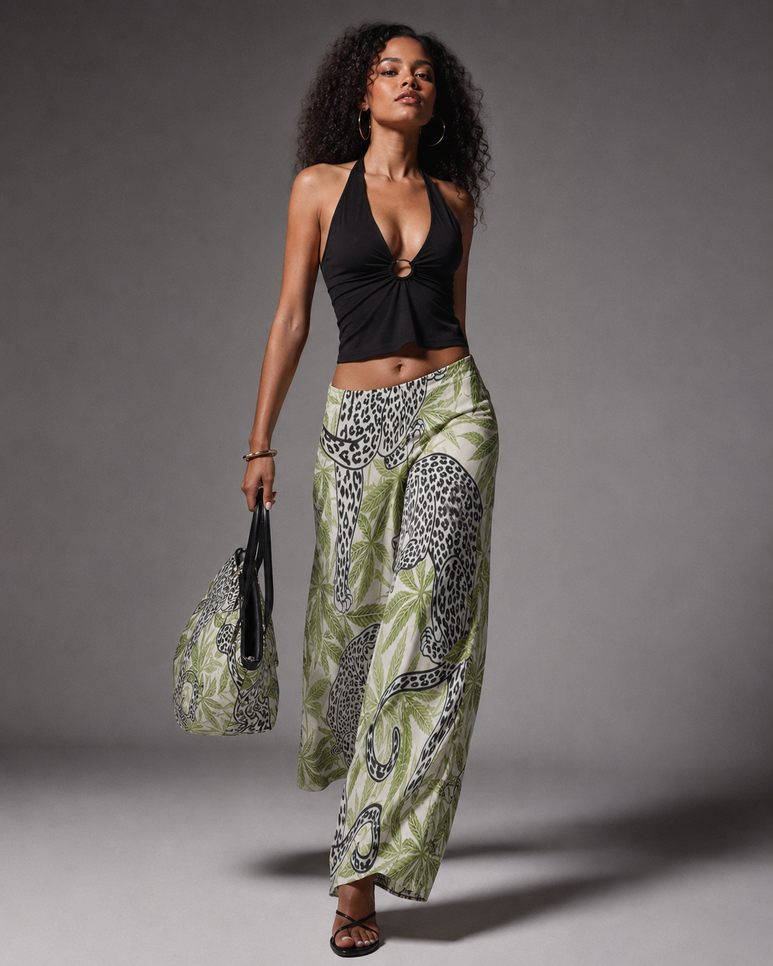Leopard print wide leg pants, lifestyle editorial shot on model