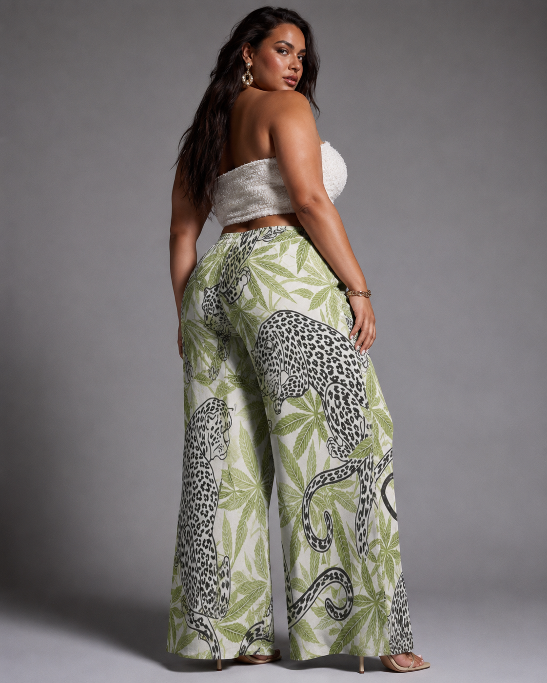 Leopard print wide leg pants, close-up showing fabric and print detail