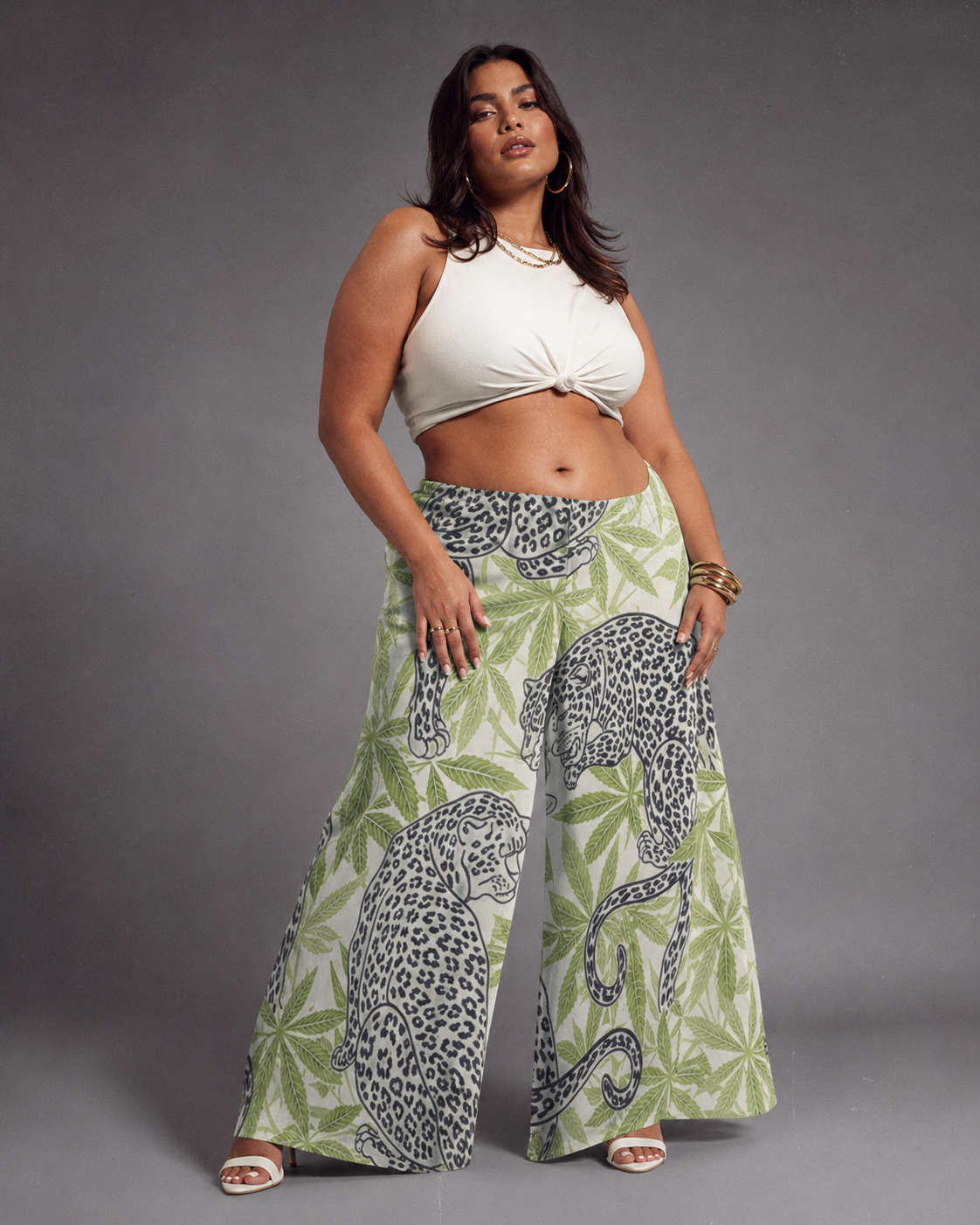 Leopard print wide leg pants, lifestyle shot showing silhouette