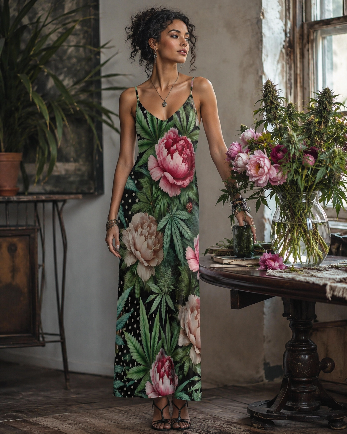 Floral print long spaghetti strap dress, front view on model