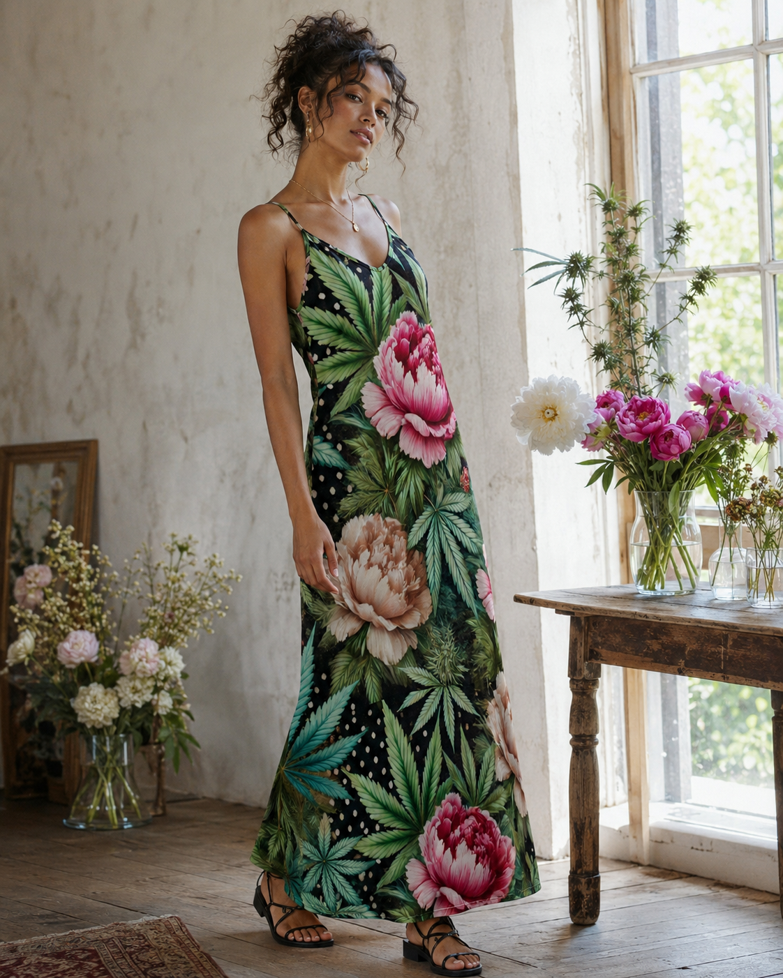 Floral print long spaghetti strap dress, back view on model