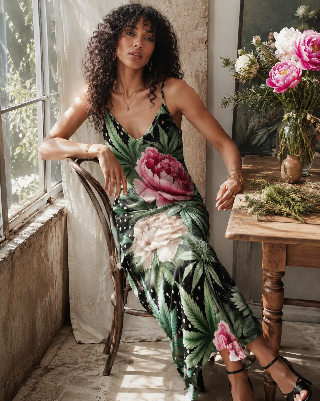 Floral print long spaghetti strap dress, three-quarter view on model