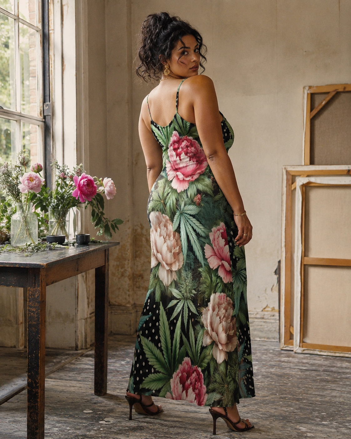 Floral print long spaghetti strap dress, side view on model
