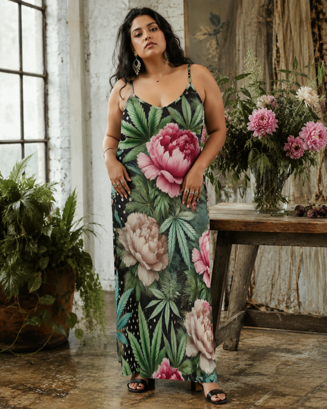 Floral print long spaghetti strap dress, full length view on model outdoors
