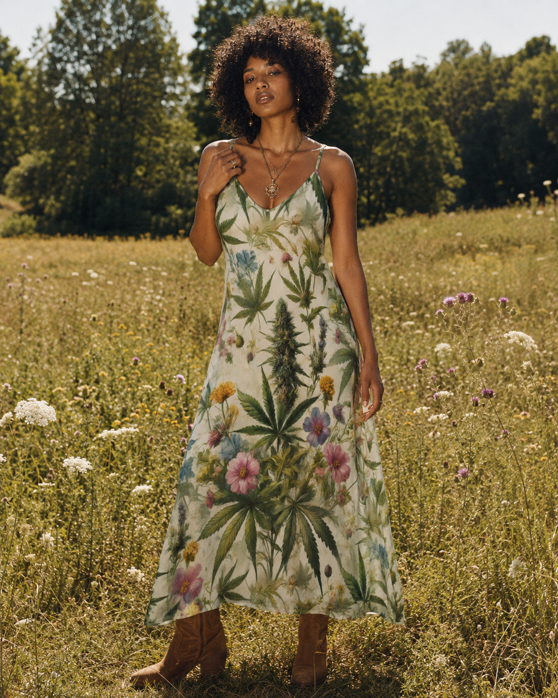 HER.B floral garden print long spaghetti strap dress, side view on model