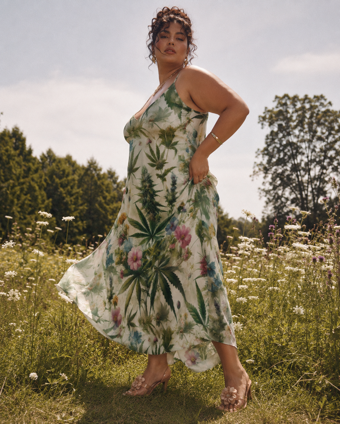 HER.B floral garden print long spaghetti strap dress, three-quarter view on model