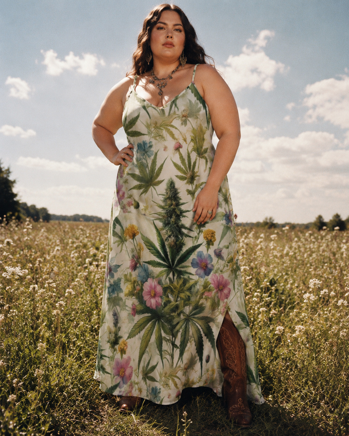 HER.B floral garden print long spaghetti strap dress, seated lifestyle shot on model