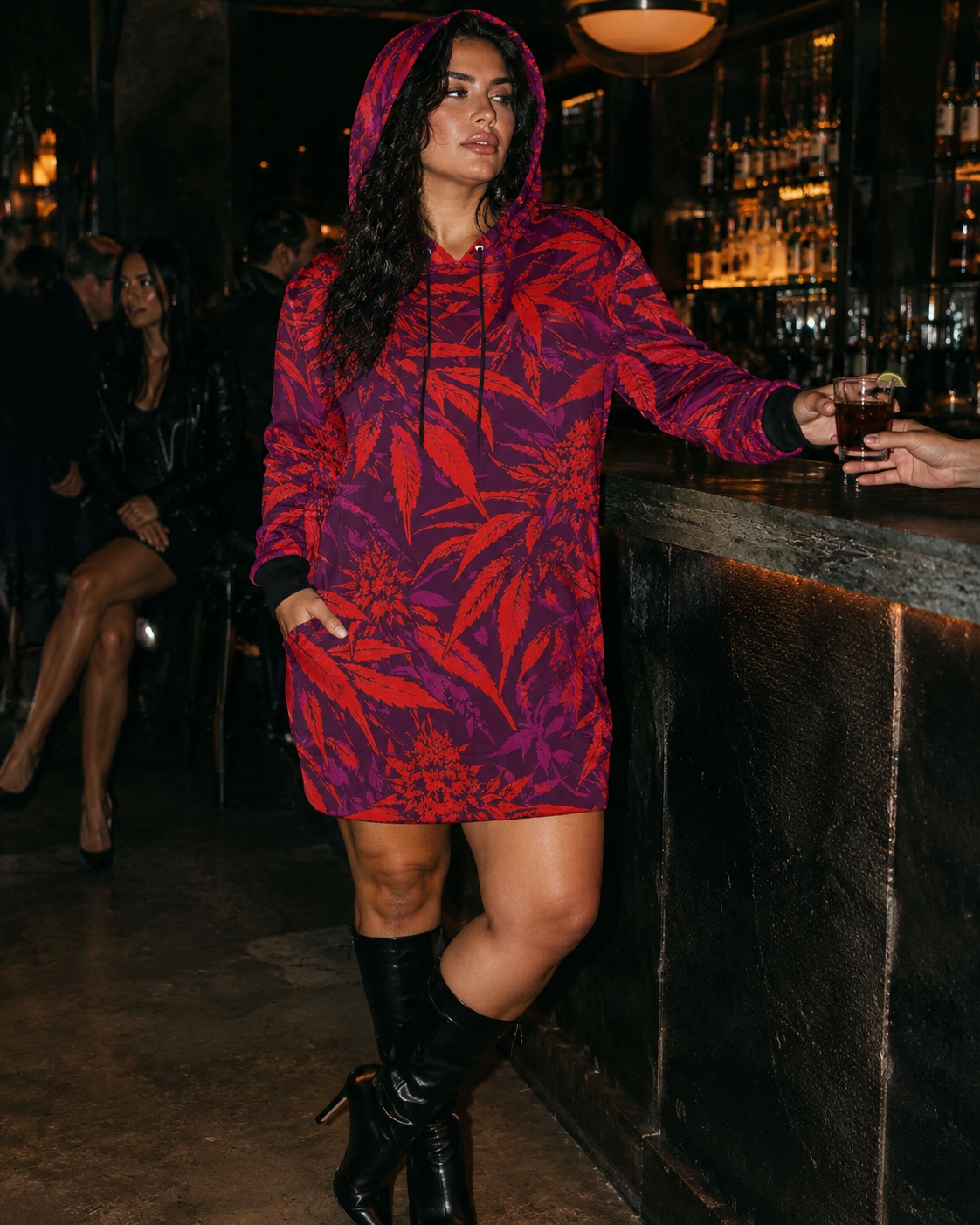 Electric green print hoodie mini dress, lifestyle editorial shot on model